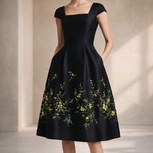 Oscar de la Renta Beaded Silk Cocktail Dress Black A-Line Size 10